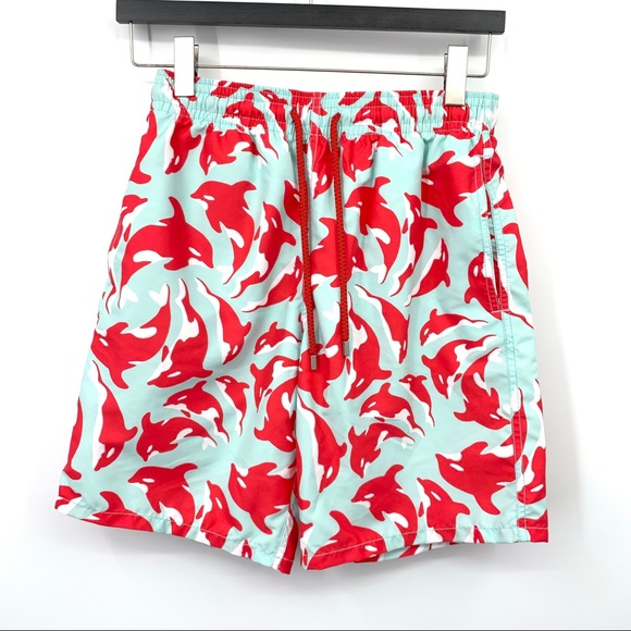 Vilebrequin Men Medium Shorts Swim Trunks Bathing Suit Blue Red Dolphin Printed - Picture 1 of 13